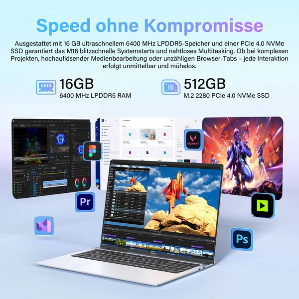 GEEKOM GeekBook M16, Notebook (silber, Intel® Core™ Ultra 9 185H, Intel® Arc™ Graphics, 16 GB LPDDR5, 512 GB (512 GB SSD), Windows 11 Pro) - Bild 2