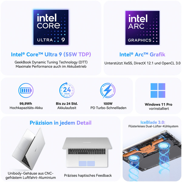 GEEKOM GeekBook M16, Notebook (silber, Intel® Core™ Ultra 9 185H, Intel® Arc™ Graphics, 16 GB LPDDR5, 512 GB (512 GB SSD), Windows 11 Pro) - Bild 6