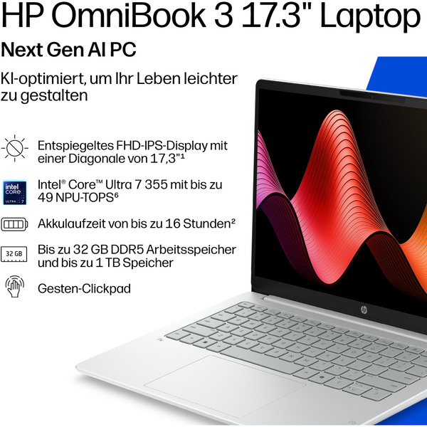 HP OmniBook 3 17-dg0053ngx, Notebook (silber, Intel® Core™ Ultra 5 225U, Intel® Graphics, 12 GB DDR5, 512 GB (512 GB SSD), Windows 11 Pro) - Bild 6