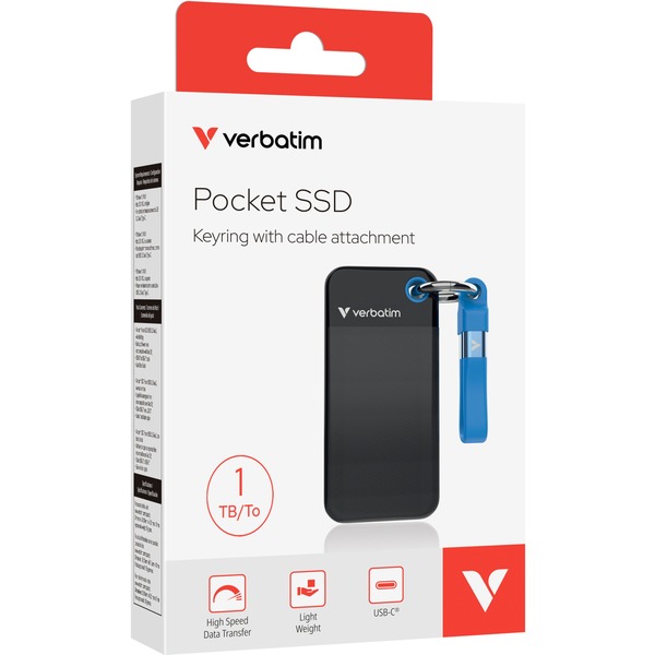 Verbatim Pocket SSD 1 TB, Externe SSD (schwarz/blau, USB-C 3.2 Gen 2 (10 Gbit/s), mit Schlüsselring und Kabelhalter) - Bild 4
